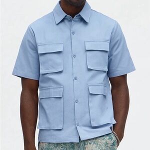 Pocket button up Twill shirt Light Blue- Fashion nova XXL